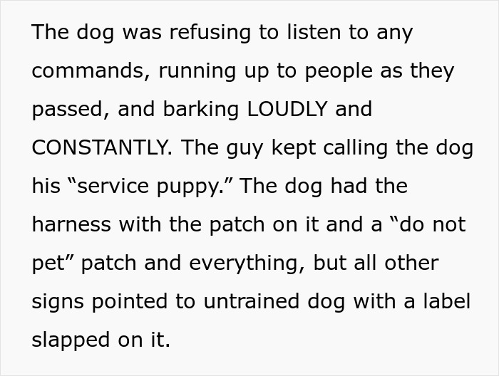 Text about fake service dog refusing commands and behaving disruptively.