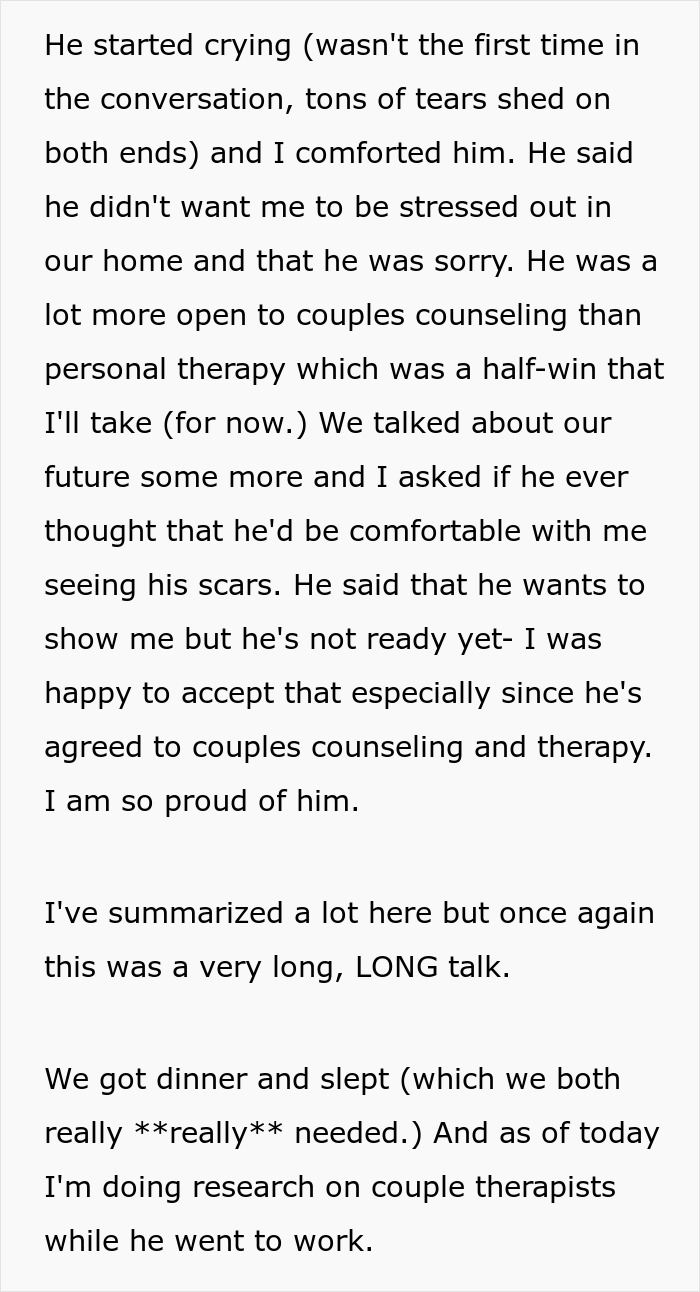 Text about a couple discussing therapy and future, highlighting comfort over burn scars and relationship growth.