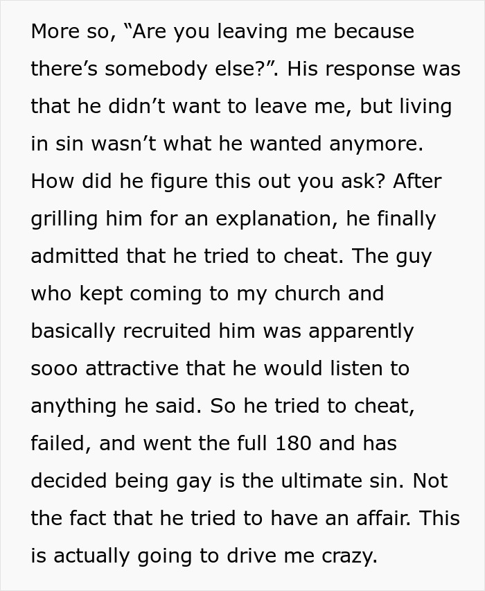 Text discussing a man's realization about his gay marriage being sinful after joining a new church. Text discussing a man's realization about his gay marriage being sinful after joining a new church.