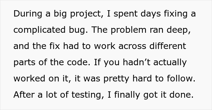 Text about debugging a complex code issue and the effort to resolve it.