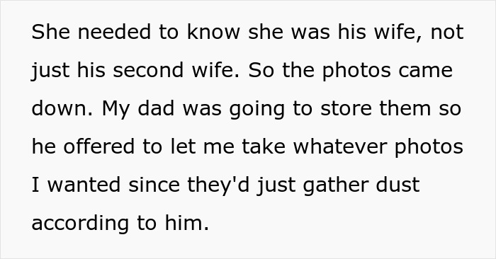 Text about wife removing late wife's photos, teen takes them with father's permission.