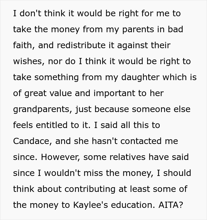 Text about a woman explaining why she won't use her kid's college fund for her brother's stepdaughter. Text about a woman explaining why she won't use her kid's college fund for her brother's stepdaughter.