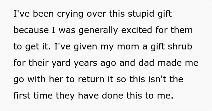Text describing a woman upset after her parents return a gift, recalling it happened before. Text describing a woman upset after her parents return a gift, recalling it happened before.