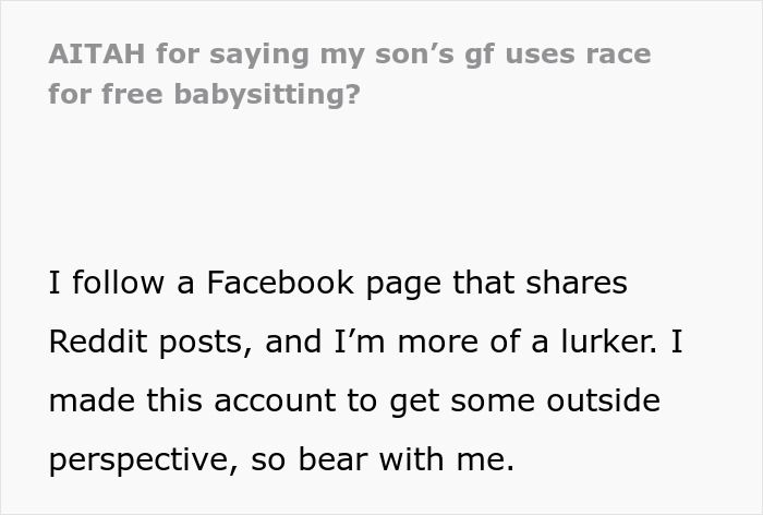 Text snippet discussing son's girlfriend, race, and babysitting excuses shared from a social media post. Text snippet discussing son's girlfriend, race, and babysitting excuses shared from a social media post.