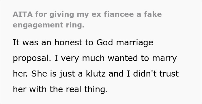 Text screenshot about giving a fianc&eacute;e a fake ring to protect the real engagement ring.