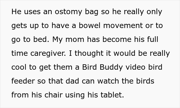 Text about a woman buying a Bird Buddy feeder for her parents; gift returned next day. Text about a woman buying a Bird Buddy feeder for her parents; gift returned next day.