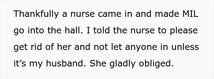 Text about a nurse helping a pregnant woman rest in hospital by removing MIL from the room.