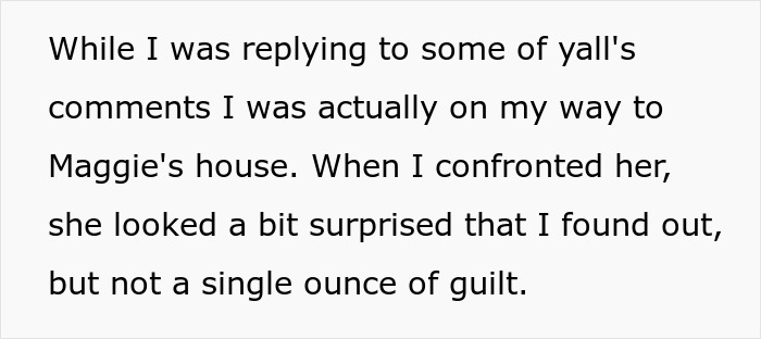 Text about a confrontation with Maggie and a lack of guilt.