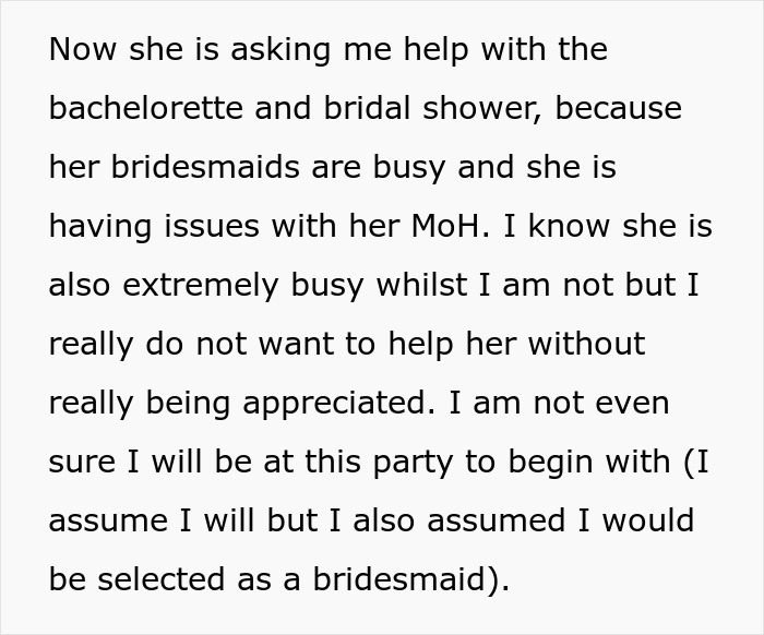 Text message discussing a request for help with wedding planning, despite not being in the wedding party. Text message discussing a request for help with wedding planning, despite not being in the wedding party.