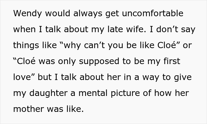Text discussing the father's memories of his late wife for his daughter, causing discomfort to his new wife.