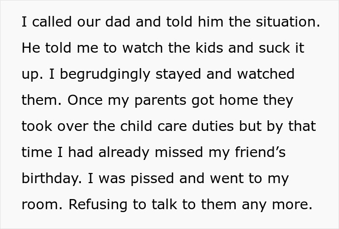 Text recounting a teenager's experience with a difficult babysitting situation and family conflict.