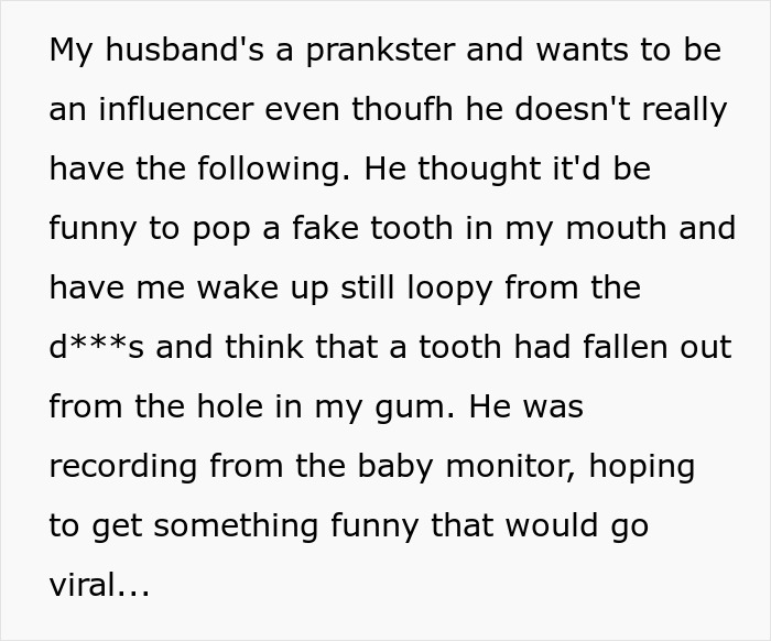 Husband's prank with fake tooth for viral video nearly harms wife.