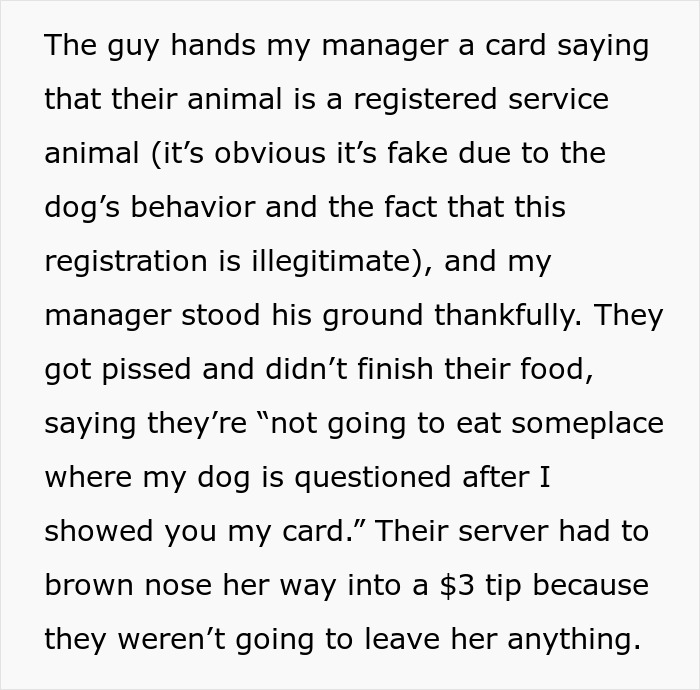 Text about a server challenging a couple with a fake service dog card, as manager supports the decision.