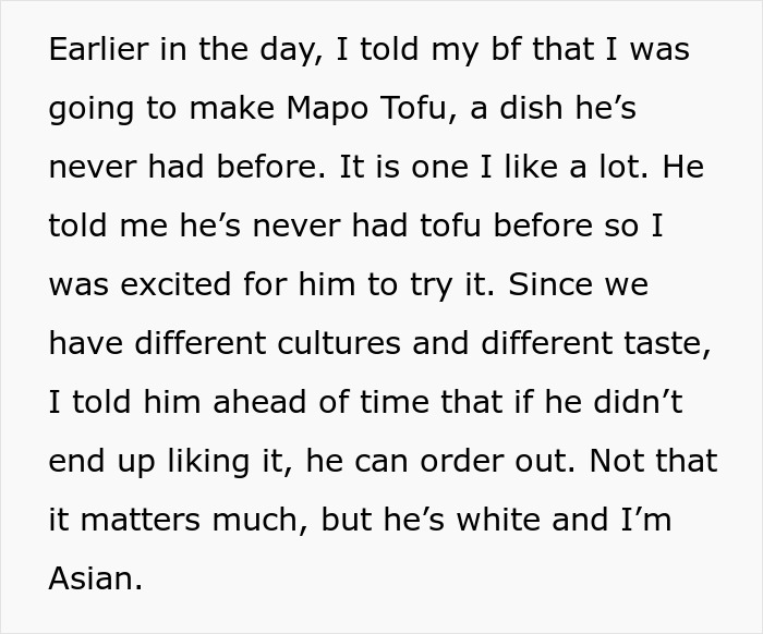 Text about cooking Mapo Tofu, confronting cultural differences with boyfriend over trying new foods.