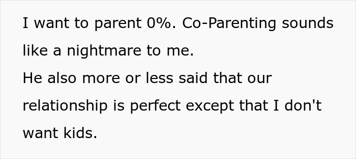 Text expressing concerns about parenting and co-parenting challenges in a relationship where one partner doesn't want kids.
