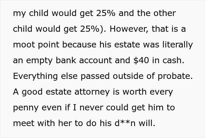 Text discussing a woman's decision not to share money with her late husband's affair child due to an empty estate.
