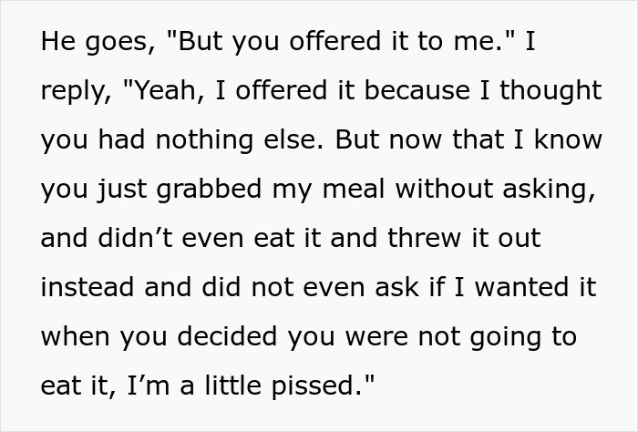 Text screenshot of an argument regarding a thrown-away lunch. Text screenshot of an argument regarding a thrown-away lunch.