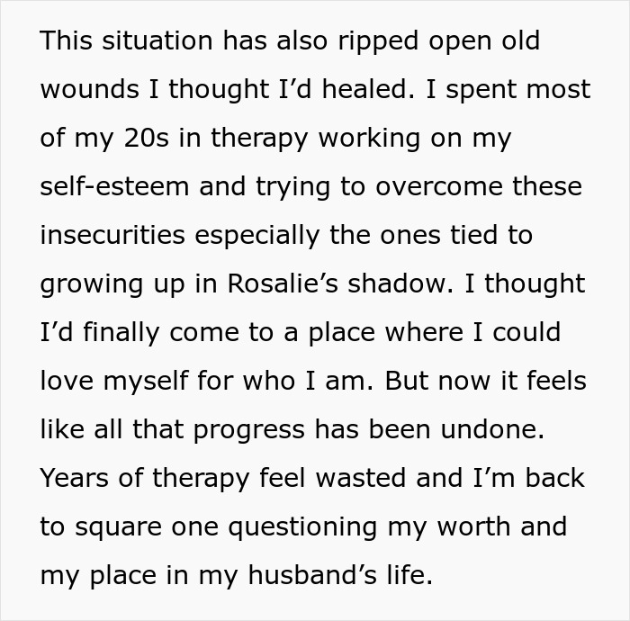 Emotional text about self-esteem and insecurity issues faced by a wife due to husband's sister-in-law's pregnancy.