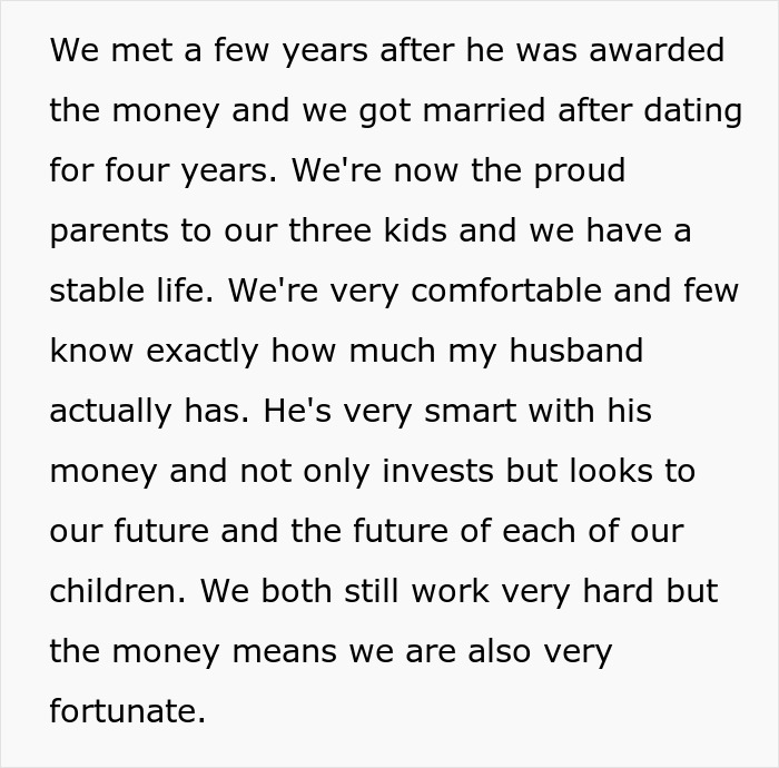 Text about a couple's stable life and financial smartness, highlighting how the husband is perceived as lucky to be rich. Text about a couple's stable life and financial smartness, highlighting how the husband is perceived as lucky to be rich.