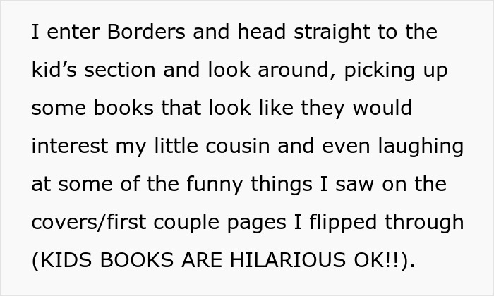 Text from a young adult about visiting a bookstore's children's section.