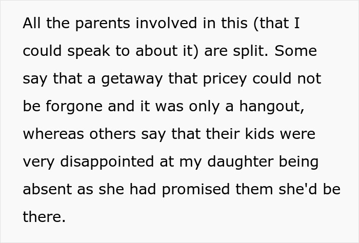 Text discussing parents divided over prioritizing family trip or daughter's promised plans with friends.