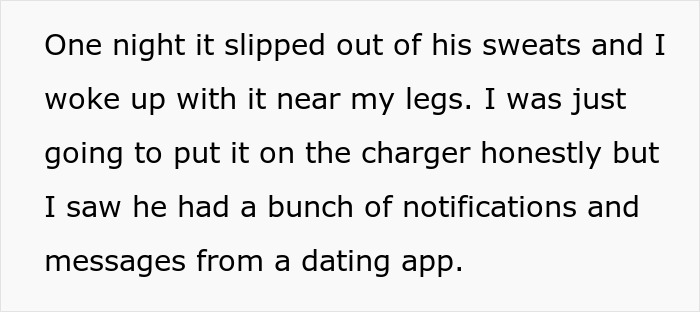 Text describing a phone with dating app notifications, referencing an unemployed man's situation and a catfishing discovery. Text describing a phone with dating app notifications, referencing an unemployed man's situation and a catfishing discovery.