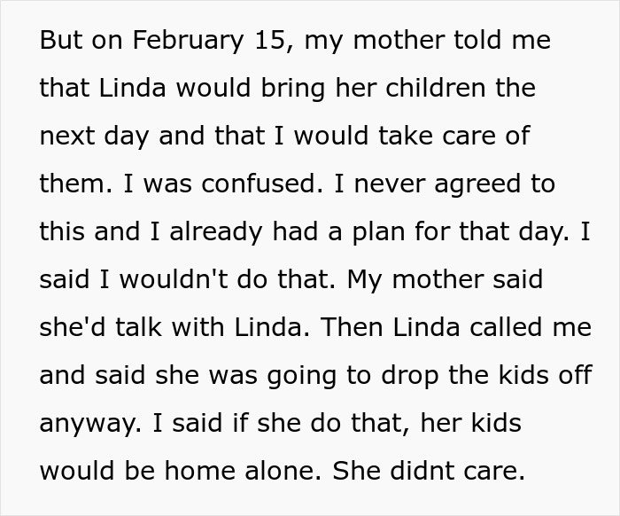 Text recounting a woman dropping her kids at her sister&rsquo;s after a babysitting refusal.