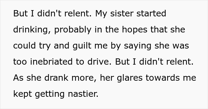 Text screenshot discussing a sister drinking and not driving.