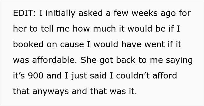 Image showing text about not being able to afford a $900 family holiday cost, related to being uninvited.