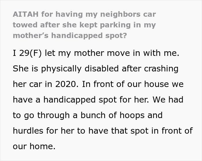 Text post discussing parking in disabled neighbor's spot and towing a car.