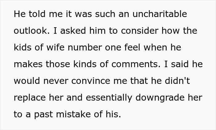 Text about dad's comments regarding wife number one, discussing feelings and past relations. Text about dad's comments regarding wife number one, discussing feelings and past relations.