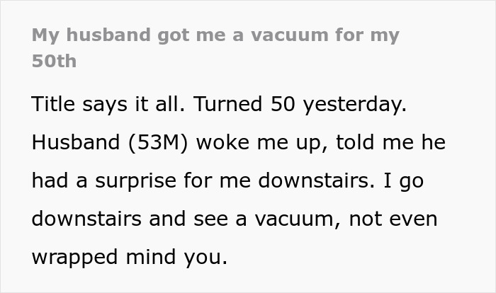 Text showing a wife's reaction to her husband's gift of a vacuum for her birthday.