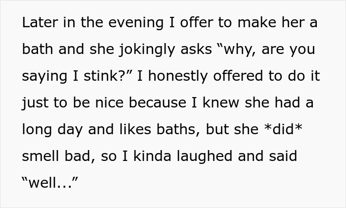 Text conversation about hygiene, husband jokes about wife's smell after offering a bath. Text conversation about hygiene, husband jokes about wife's smell after offering a bath.
