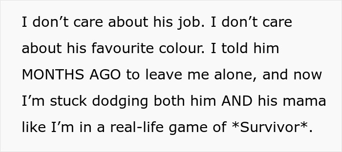 Text about a man whose mother tries to set him up, compared to playing a real-life game of Survivor.