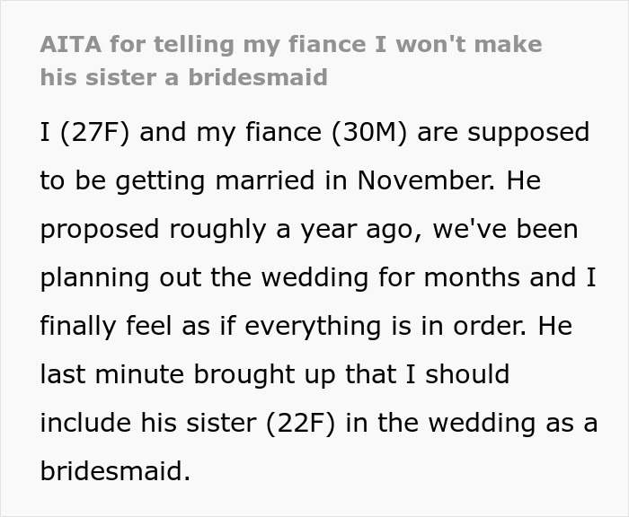 Text discussing a woman questioning her wedding choices after conflict with her fianc&eacute; over his sister's role.