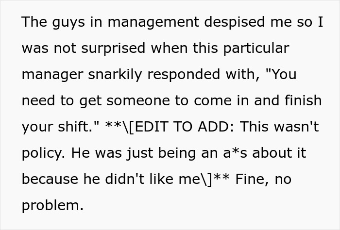 Text describing workplace conflict involving pharmacy managers and employee friction. Text describing workplace conflict involving pharmacy managers and employee friction.