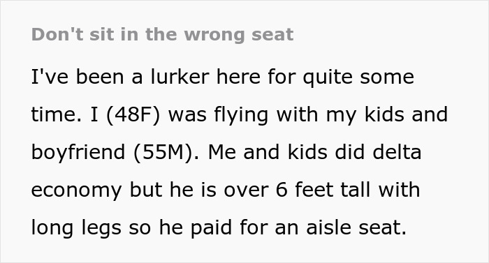 Text discussing a situation involving a passenger's seat preference due to height on a flight.