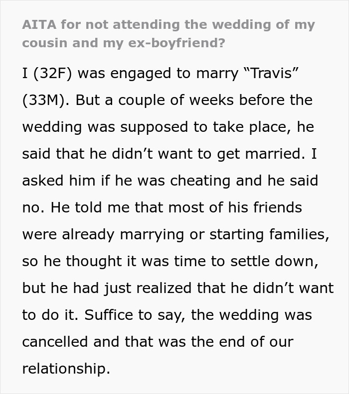 Text discussing a woman's dilemma about her ex-boyfriend marrying her cousin, focusing on marriage fears.