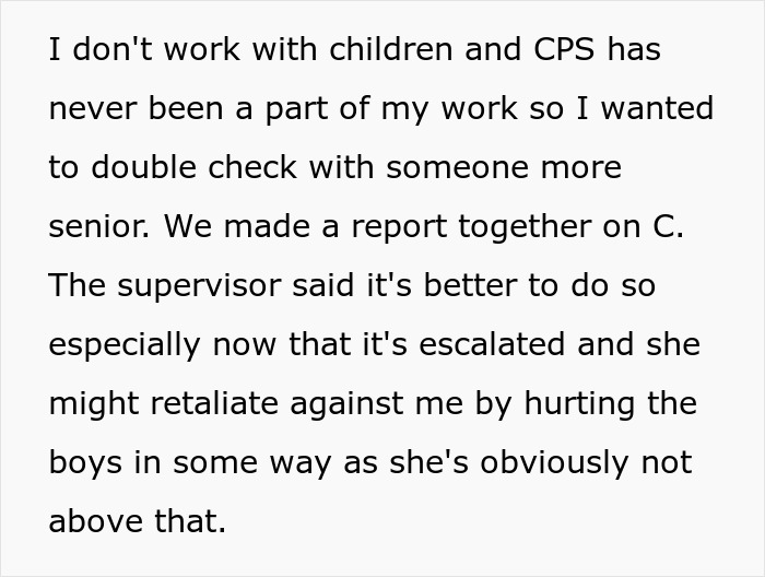 Text discussing a report made with a supervisor, highlighting escalation and concerns over retaliation involving children.