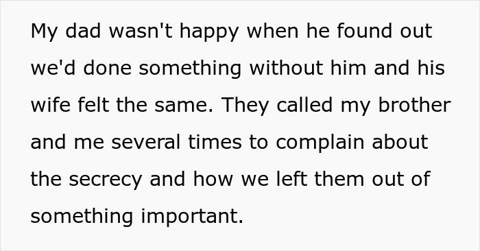 Text discussing dad's reaction to being left out of a significant event, reflecting on honoring mom's passing. Text discussing dad's reaction to being left out of a significant event, reflecting on honoring mom's passing.