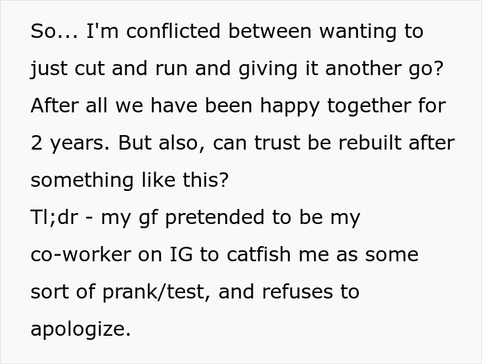 Text about testing boyfriend's loyalty using fake Instagram account.