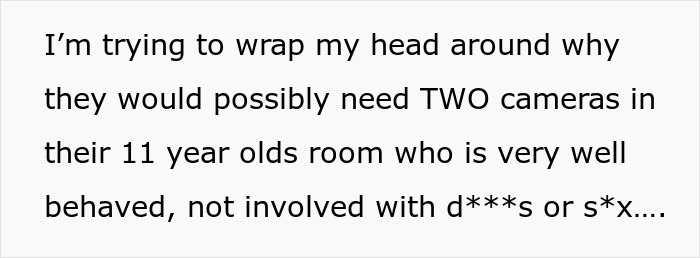 Text questioning why there are two cameras in a child's room, expressing concern. Text questioning why there are two cameras in a child's room, expressing concern.
