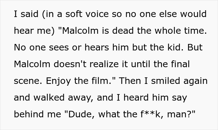 Moviegoer spoiler text reveals plot twist as retaliation for cutting in line.