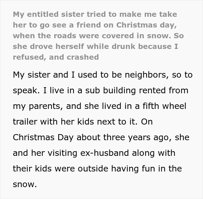 Drunk woman crashes car after sibling refuses to drive her in snowy conditions.