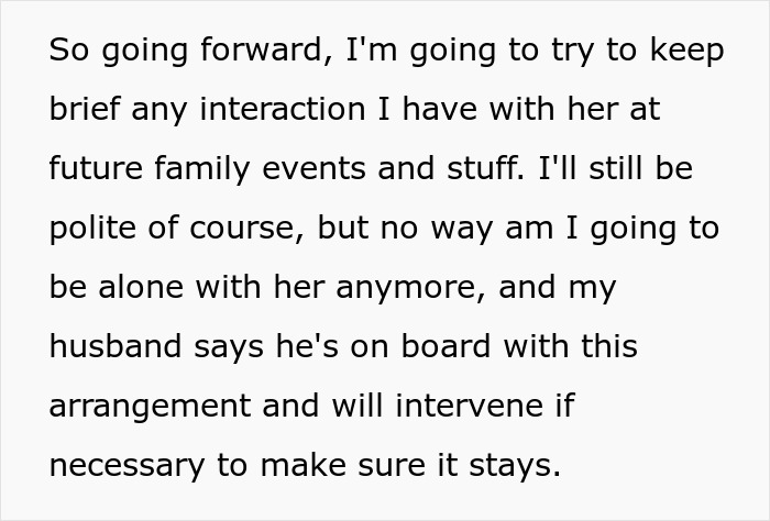 Text discussing planned interactions at family events after close calls with sister-in-law. Text discussing planned interactions at family events after close calls with sister-in-law.