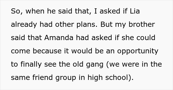 Text detailing a brother's choice of his +1 at a wedding, choosing his female BFF over his long-term girlfriend.