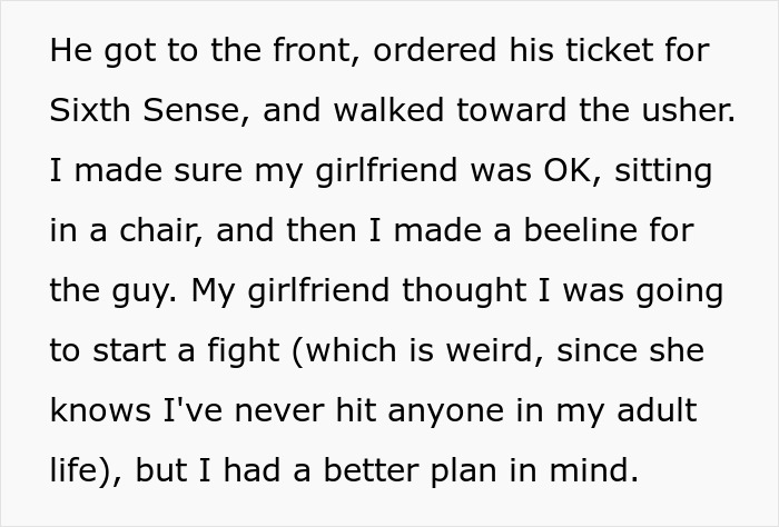 Text on image reveals a moviegoer planning a non-violent response to someone cutting the line for a Sixth Sense ticket.