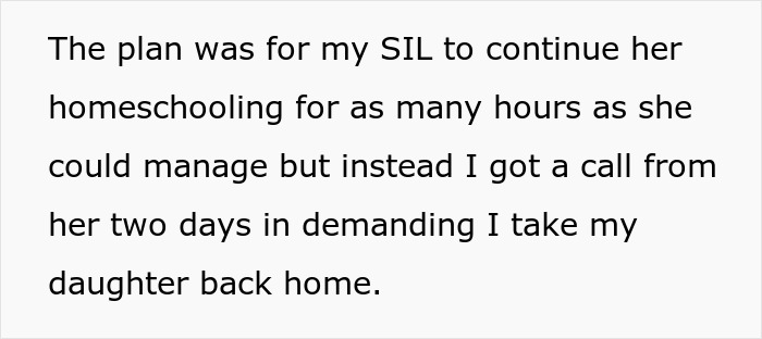 Text message about SIL's homeschooling plan and unexpected call demanding daughter's return home.