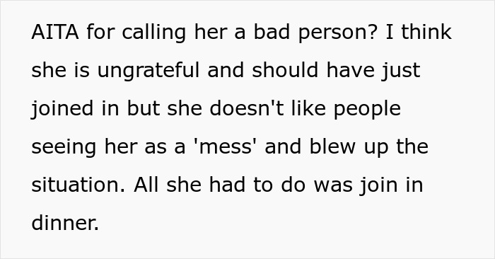 Text about a woman planning dinner without telling her daughter and blaming her for ruining it by not joining. Text about a woman planning dinner without telling her daughter and blaming her for ruining it by not joining.