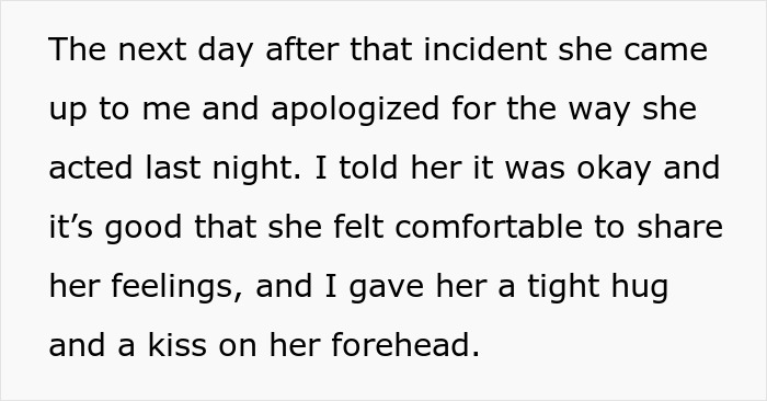 Text about a man comforting his daughter with a hug and forehead kiss, discussing feelings after an incident apology.
